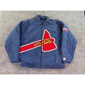Vintage Starter Puffer Atlanta Braves Jacket Mens XL Navy Blue Full Zip Tomahawk